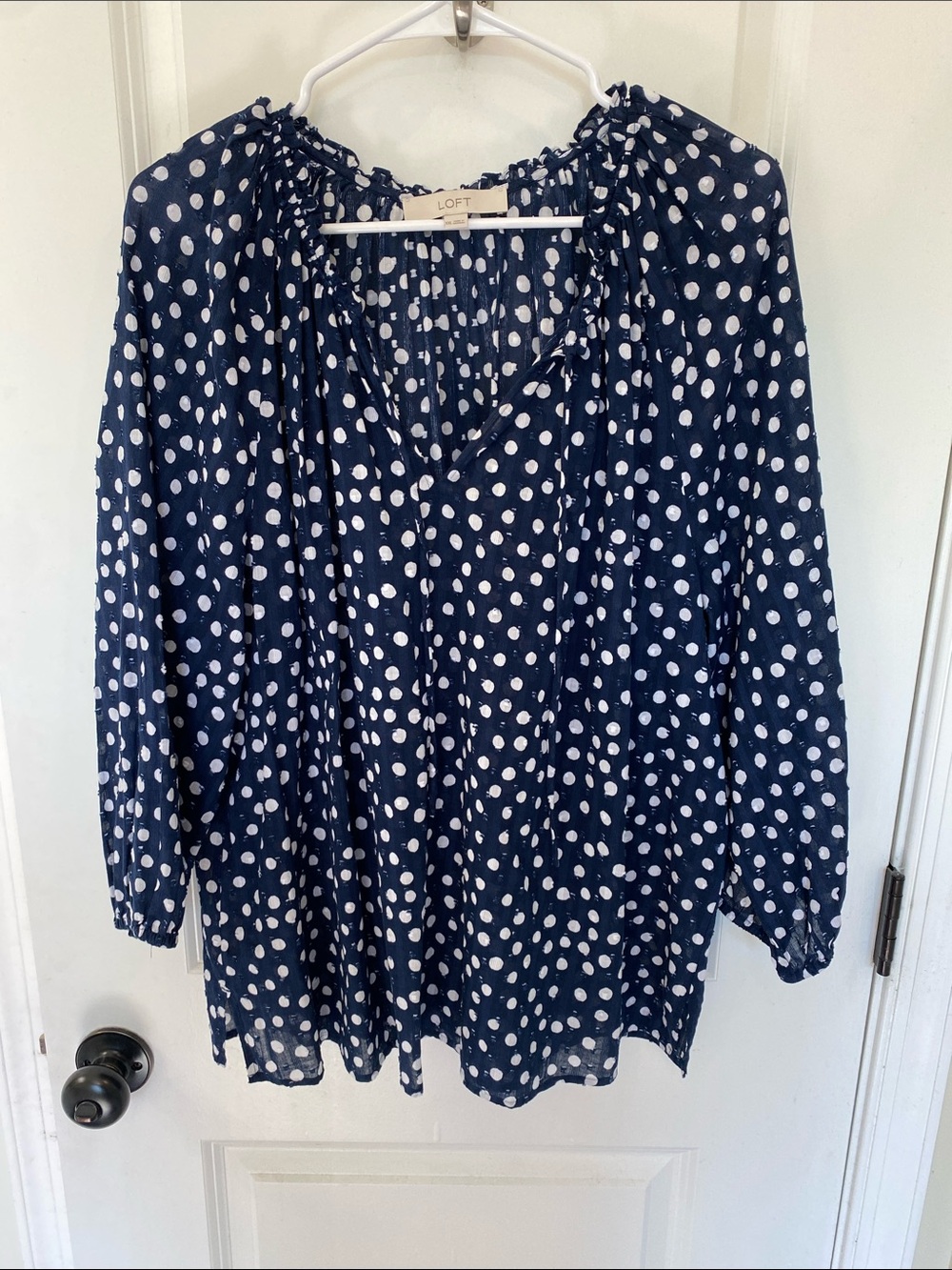 LOFT Navy Blue White Polka Dot Peasant Top